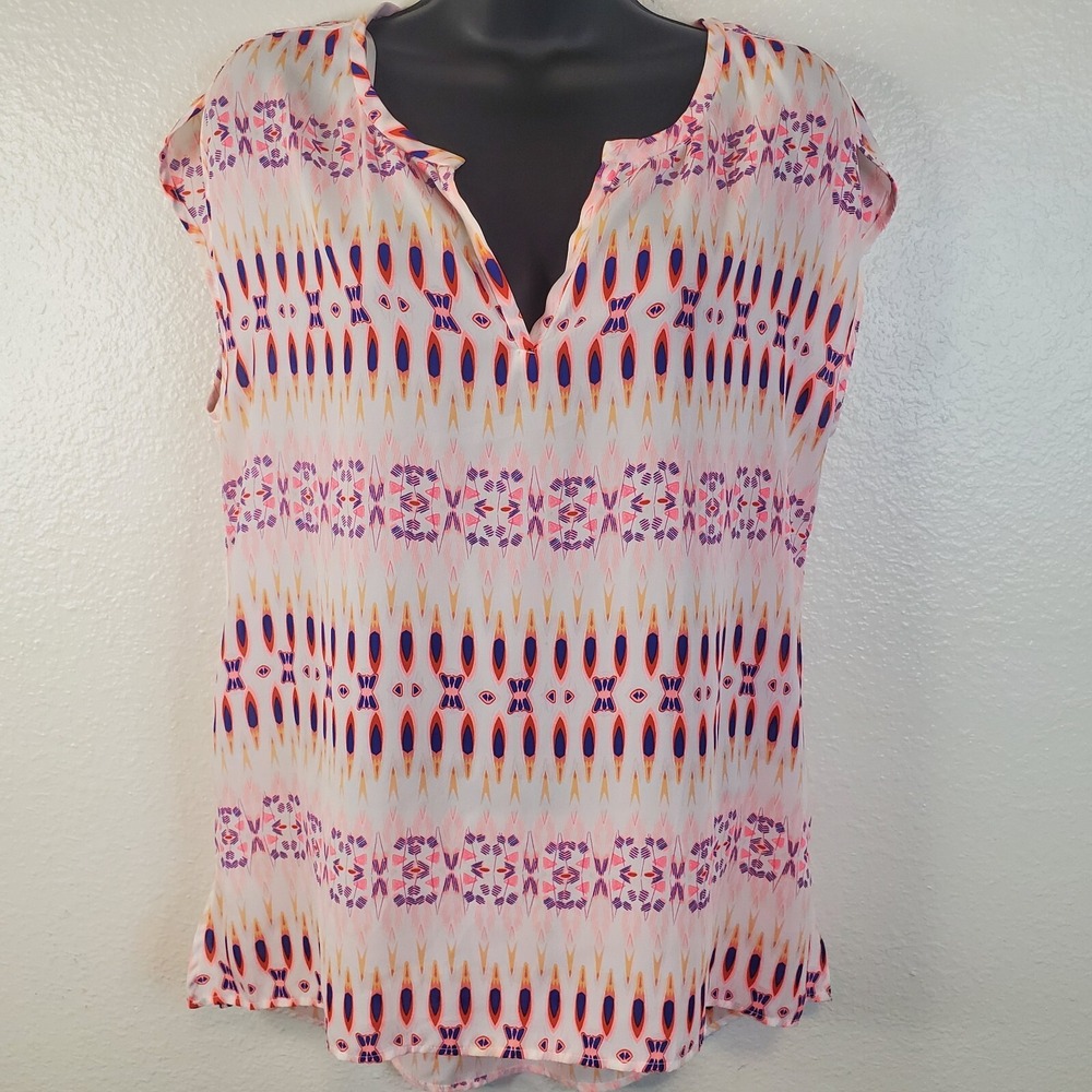 Stylus‎ Cap Sleeve Peasant Top Sz S Neon Pink Geometric Wearable Art Lightweight